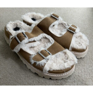 Dolce Vita Neelo Lug Footbed Platform Sandals Sz 10 Brown Suede Faux Fur Slip On